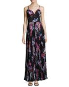 Pleated Floral-print Gown, Black Pattern