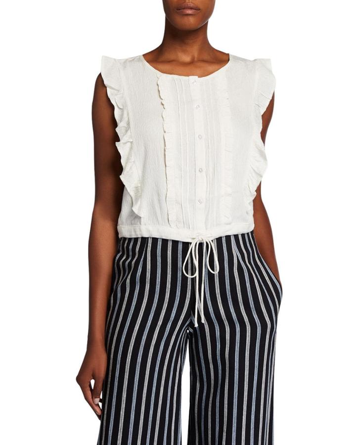 Sleeveless Button-front Tie-waist Ruffle Top