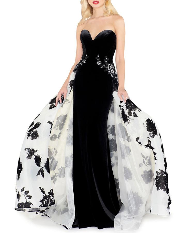 Sweetheart Velvet Column Gown With Floral Organza Overskirt