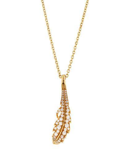 Phoenix 18k Yellow Gold Pave Diamond Feather Pendant Necklace,
