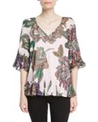 Floral-print V-neck Peasant Top