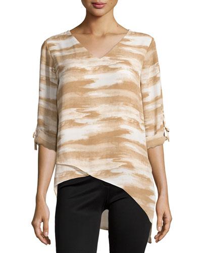 Asymmetric Printed Tab-sleeve Blouse, Ecru/multi
