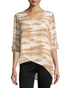 Asymmetric Printed Tab-sleeve Blouse, Ecru/multi