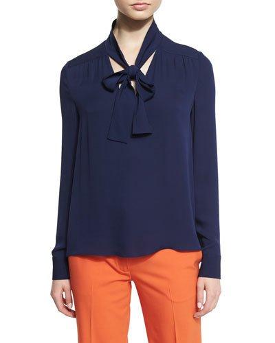 Britni Long-sleeve Silk Tie-neck Top,