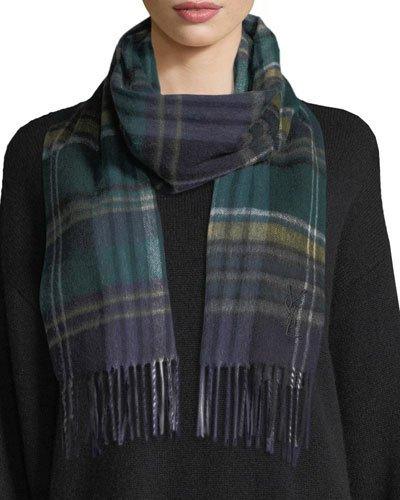 Plaid Wool Scarf W/ Fringe