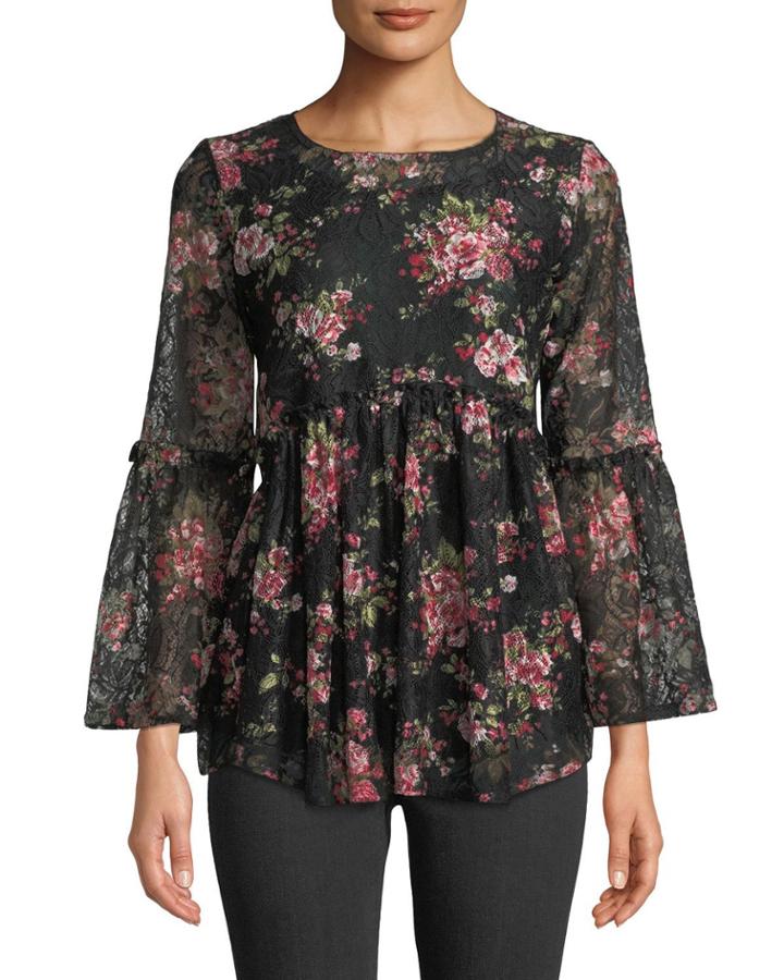 Floral-print Lace Peasant Blouse