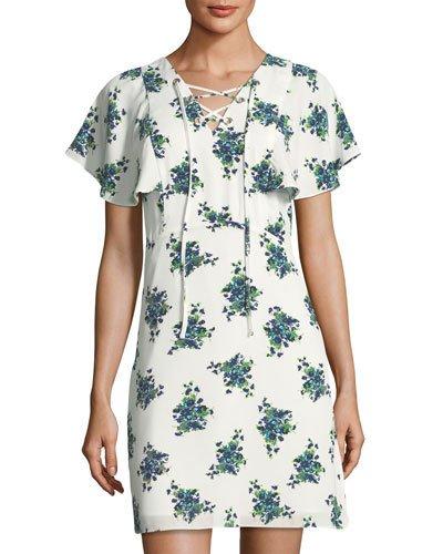 Floral-print Lace-up Flounce-sleeve