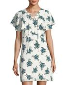 Floral-print Lace-up Flounce-sleeve