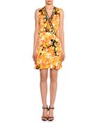 Sleeveless Surplice-neck Hydrangea-print A-line Dress