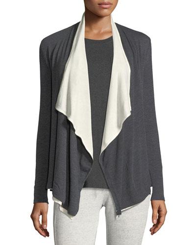 Open-front Layered-hem Cardigan, Charcoal/gardenia