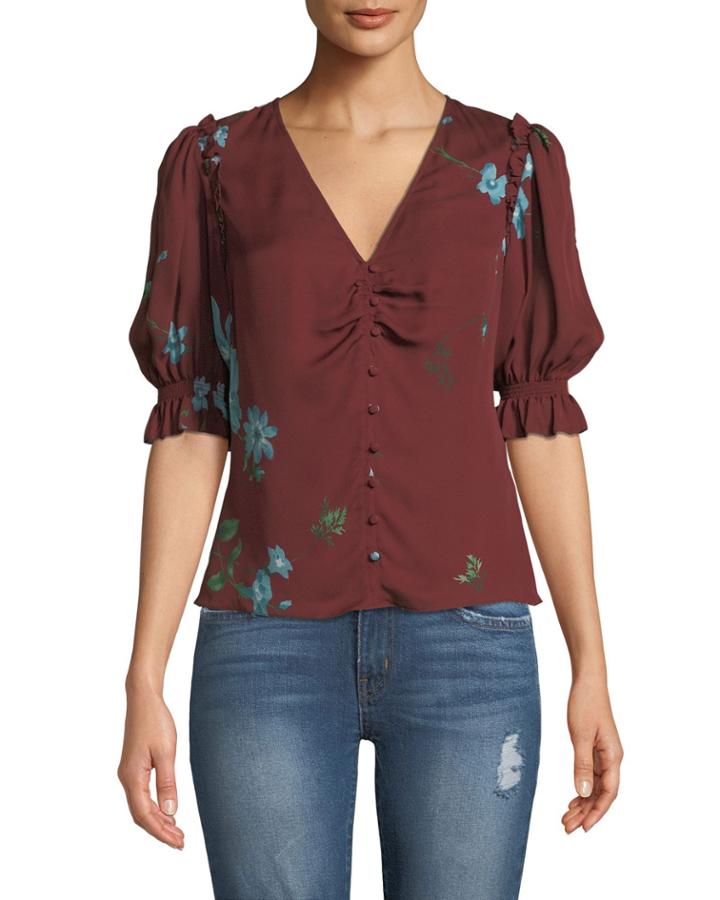 Anevy Floral Silk Button-front Ruffle Top