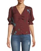 Anevy Floral Silk Button-front Ruffle Top