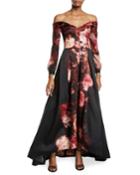 Off-the-shoulder Long Rose-print Gown