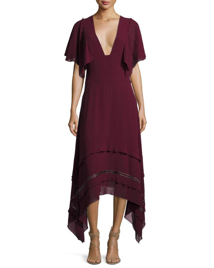 V-neck Silk Georgette Midi Dress, Wine