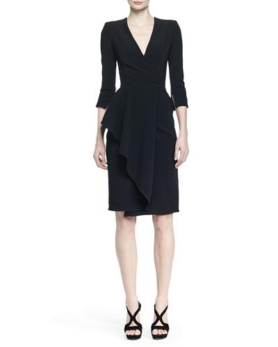 3/4-sleeve Draped-ruffle Dress, Black