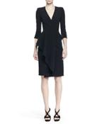 3/4-sleeve Draped-ruffle Dress, Black