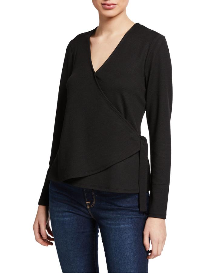 Wrap-front Long-sleeve Knit Blouse