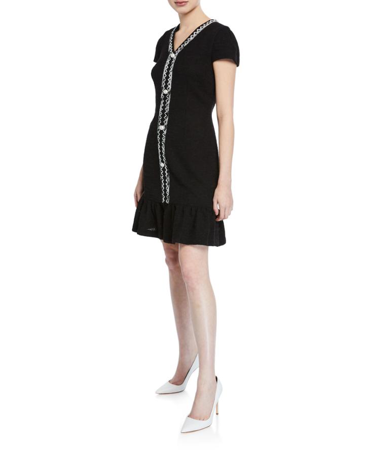 Tweed Button-front Sheath Dress With Flounce Hem