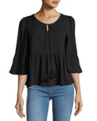 3/4-sleeve Tassel-neck Top, Black