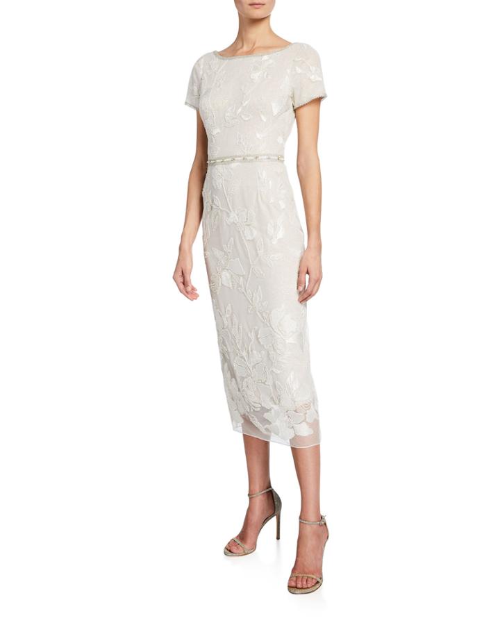 Short-sleeve Metallic Floral Embroidered Sheath Dress W/ Beaded Trim