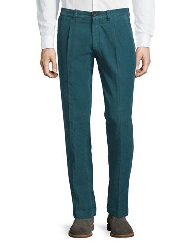 Pleated-front Velvet-striped Trousers, Green