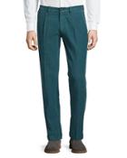 Pleated-front Velvet-striped Trousers, Green