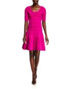 Scoop-neck Elbow-sleeve Textured Tech Dress