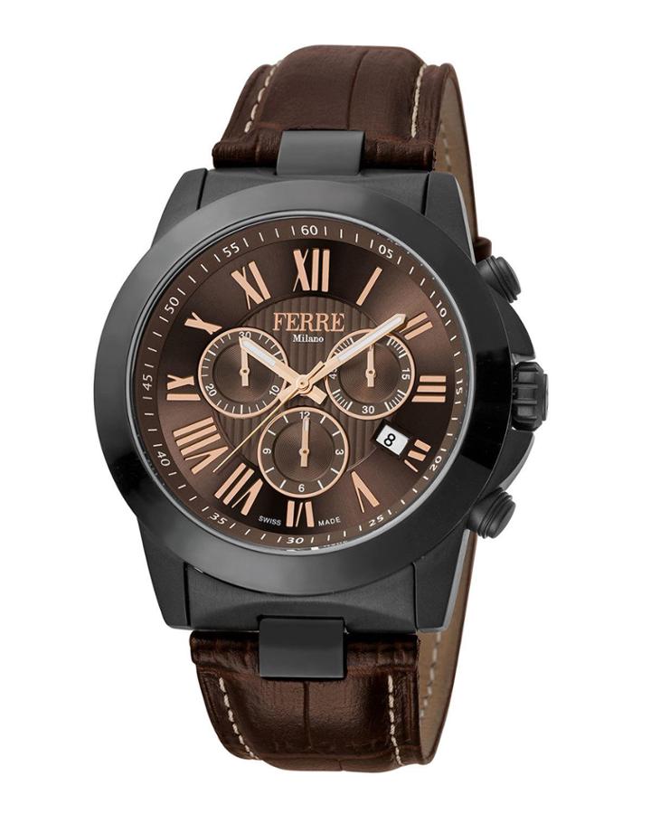 Men's 44mm Stainless Steel Roman Diver Watch With Leather Strap, Black/brown