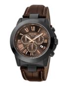 Men's 44mm Stainless Steel Roman Diver Watch With Leather Strap, Black/brown