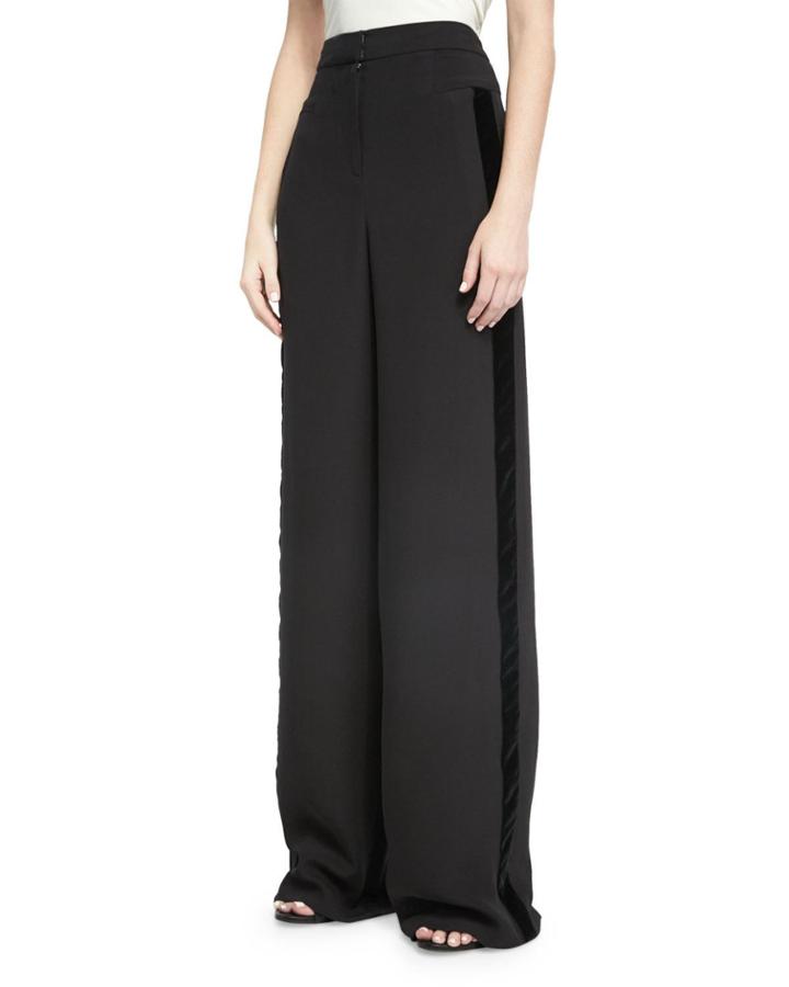 Wide-leg Velvet-trim Tuxedo Pants, Black