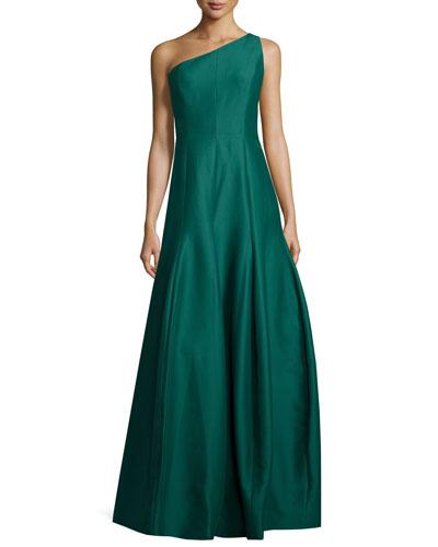 One-shoulder Structured Ball Gown, Evergreen