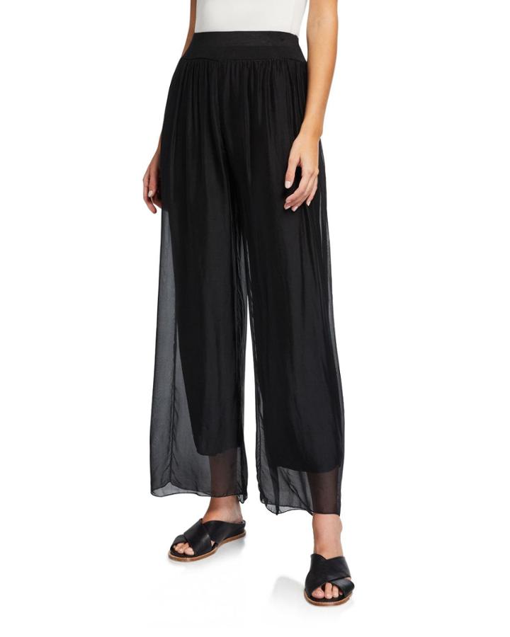 Pleated Sheer Overlay Soft Pants, Black