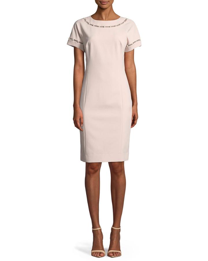 Stretch Crepe Cocktail Dress W/ Pearly Trim