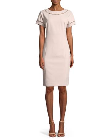 Stretch Crepe Cocktail Dress W/ Pearly Trim