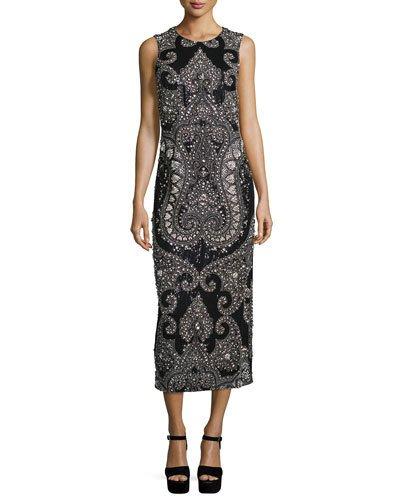 Sleeveless Embellished Column Gown, Black/slate
