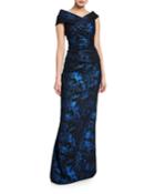 Stretch Jacquard Draped Off-the-shoulder Gown