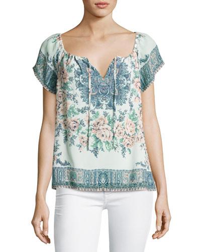 Taj Floral-print Short-sleeve Top, Blue/orange
