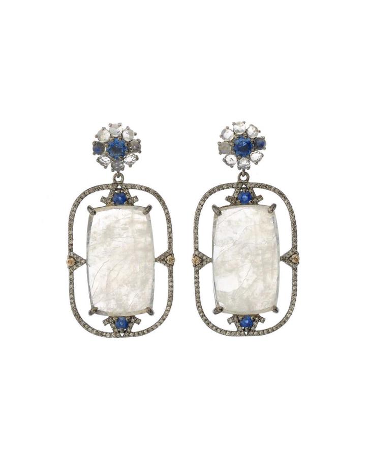 Silver Open Drop Earrings With Pave Diamonds, Kyanite & Rainbow