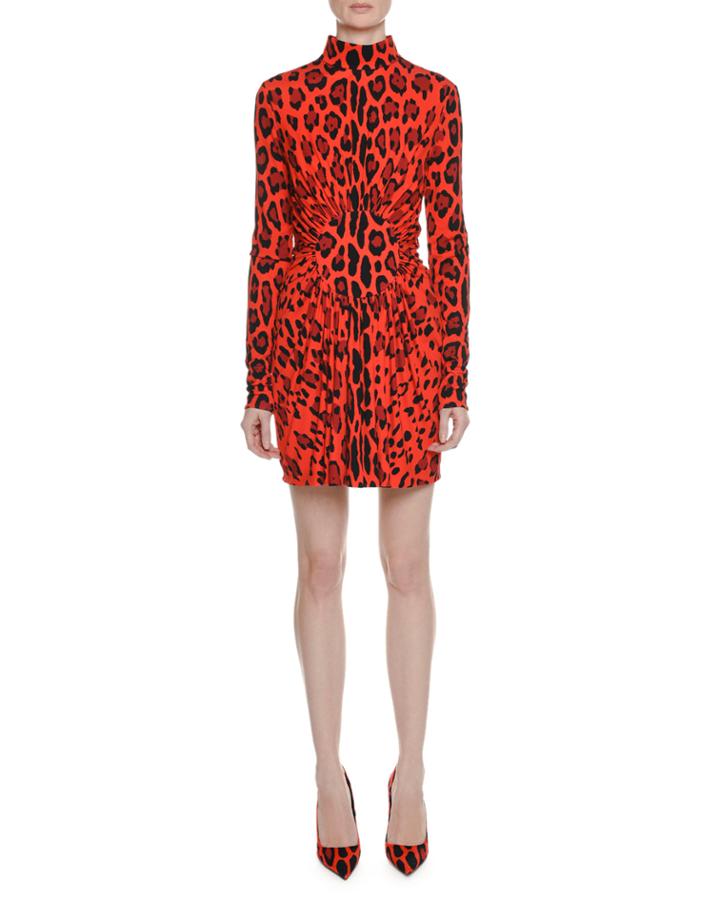Long-sleeve Circle-center Shirred Jaguar-print Dress
