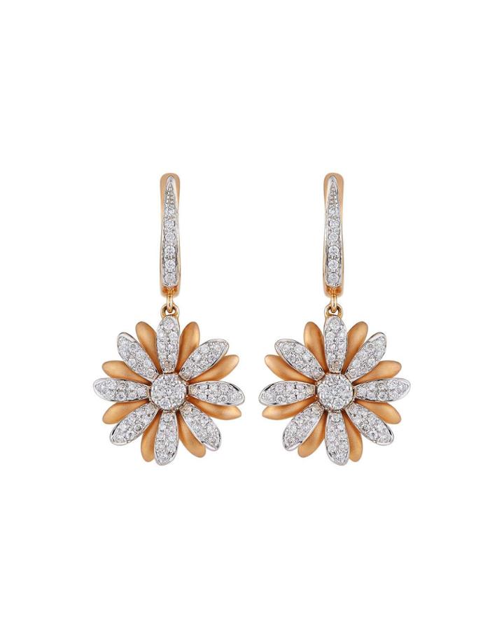 18k Pink Gold Diamond Flower Drop Earrings