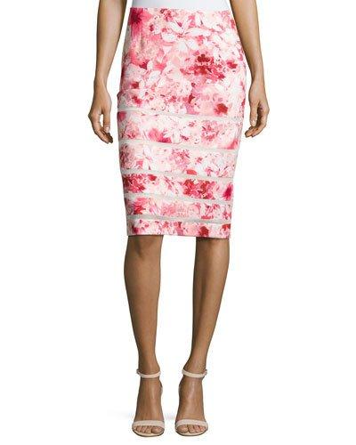 Mesh-inset Floral-print Pencil Skirt, Pink/white