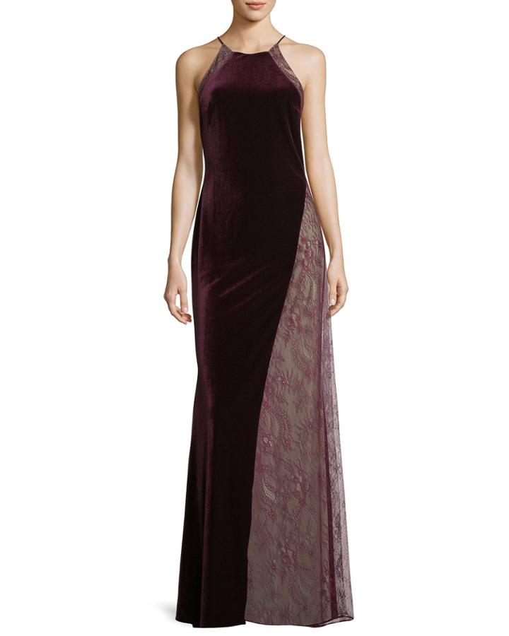 Velvet/lace Sleeveless Halter Column Evening Gown
