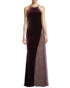 Velvet/lace Sleeveless Halter Column Evening Gown