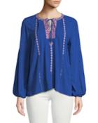 Embroidered Split-neck Peasant Blouse