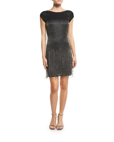 Cap-sleeve Beaded Fringe Cocktail Dress, Black