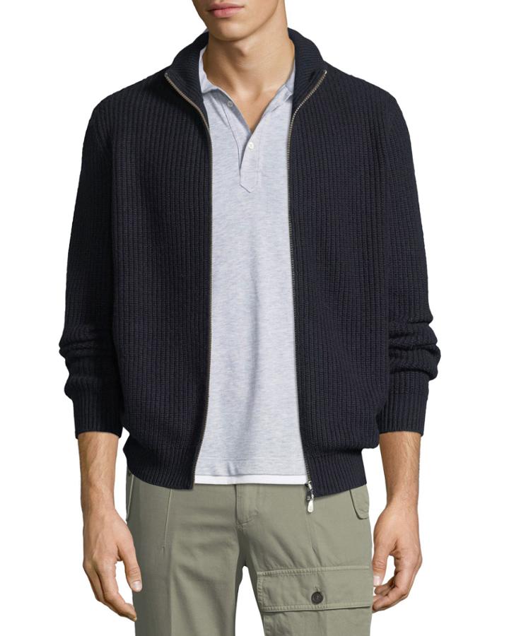 Men's Brioche-stitch Zip-front Cashmere Cardigan