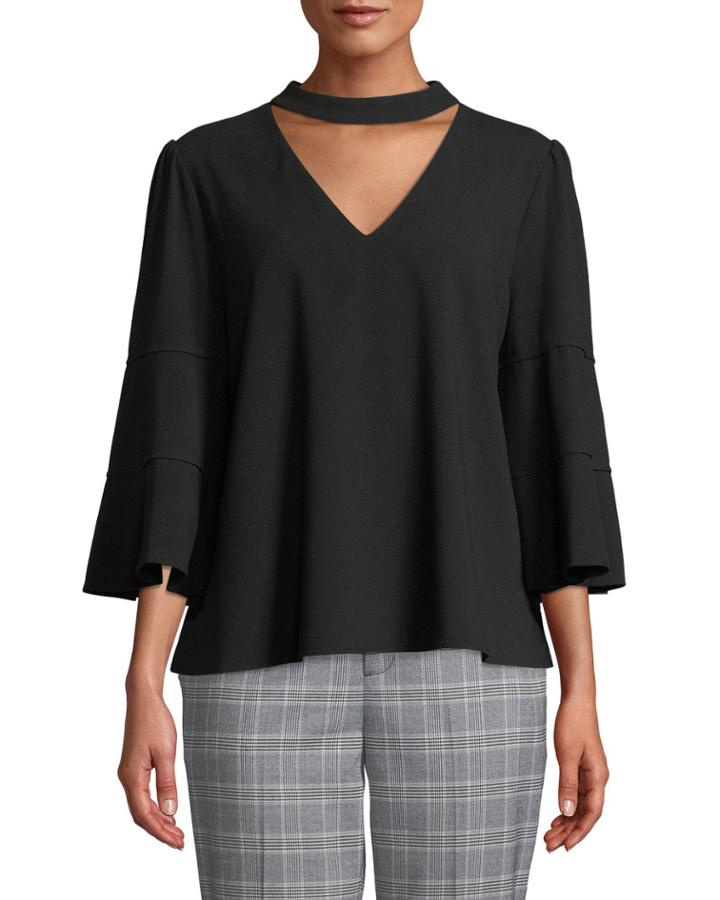 Choker-neck Flare-sleeve Crepe Blouse