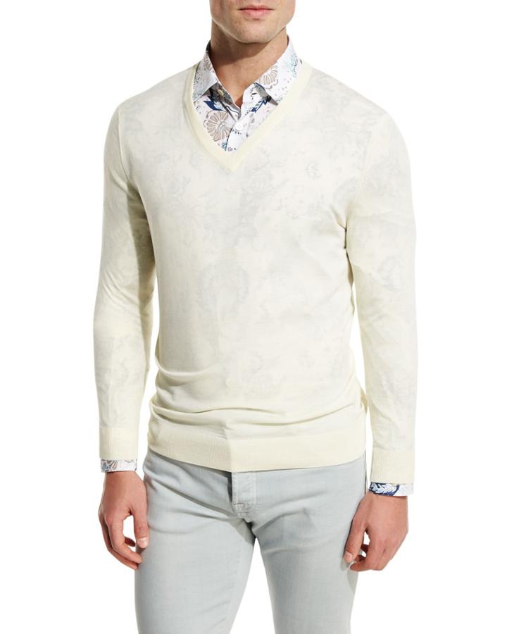 Fine-gauge V-neck Sweater, Ivory/cream
