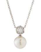 18k White Gold Diamond Octogon & Pearl Pendant Necklace