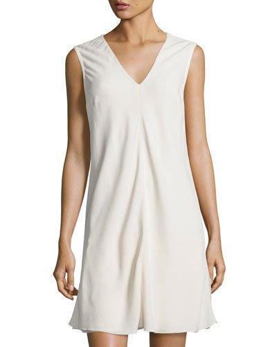 Silk Sleeveless V-neck Crepe Dress, Cream